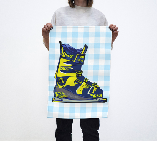 Tea towel ski boots blue and yellow made in Canada