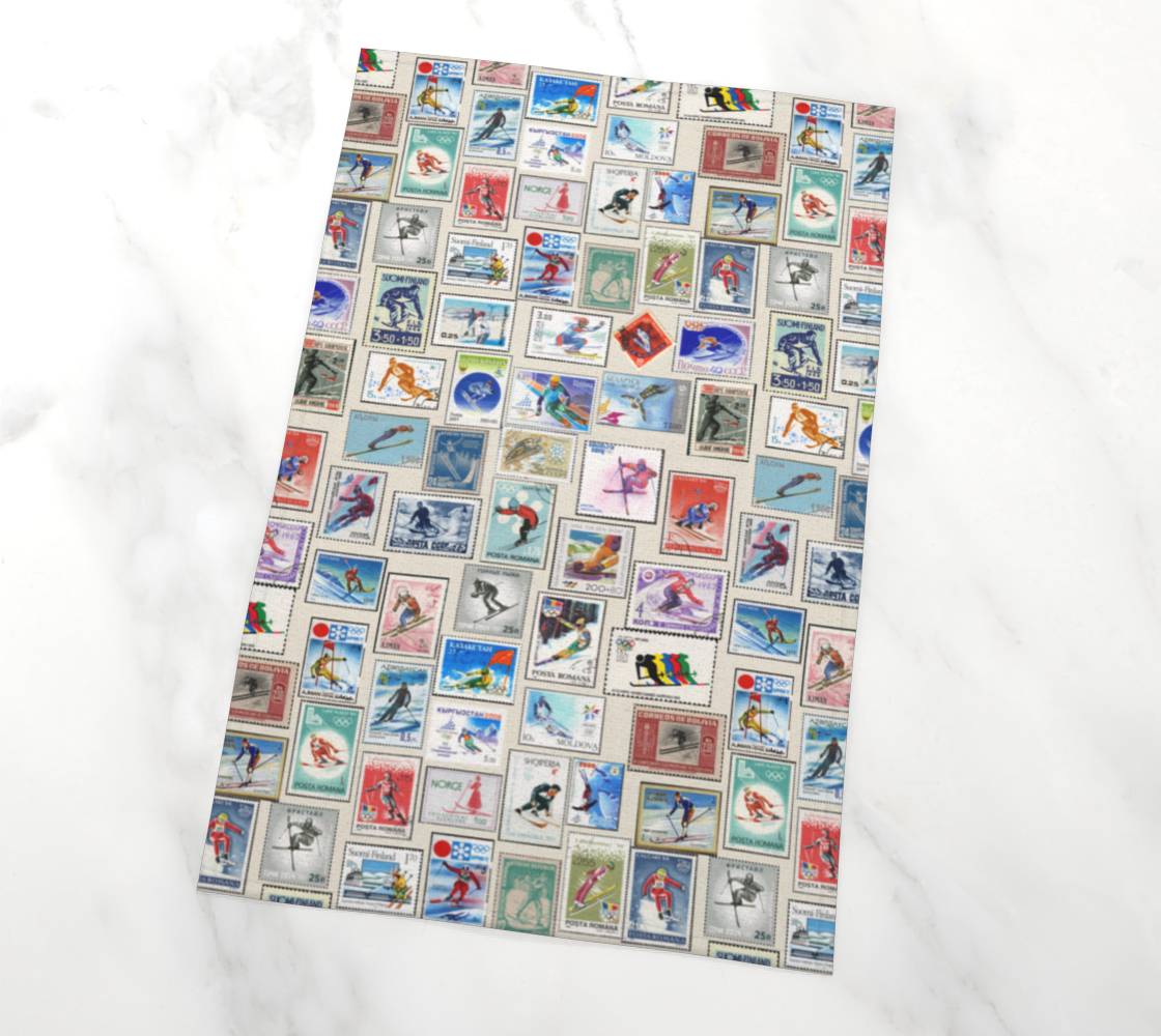 Tea towel home decor in Vintage Ski Stamps Collage for your kitchen or hang on your walls