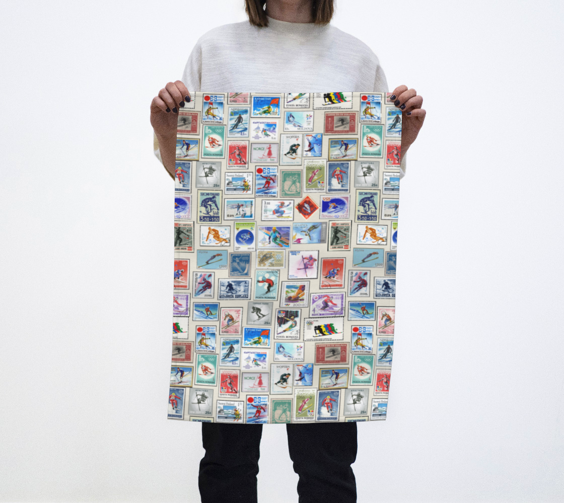 Tea towel home decor in Vintage Ski Stamps Collage for your kitchen or hang on your walls