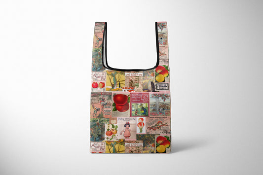 Folding Reusable Travel Bag Market Grocery bag in Vintage Style Apple Collage