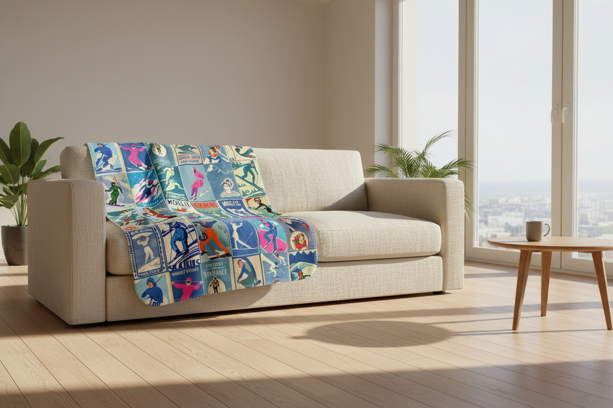Couverture vintage femme Ski art bleu fabriquée à Montréal avec un tissu minky épais doux et résistant au boulochage
