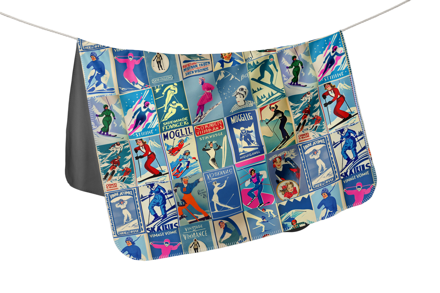 Couverture vintage femme Ski art bleu fabriquée à Montréal avec un tissu minky épais doux et résistant au boulochage
