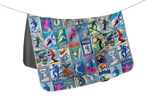 Blanket Vintage ladies Ski art blue made in Montreeal with soft pill resistant thick minky fabric