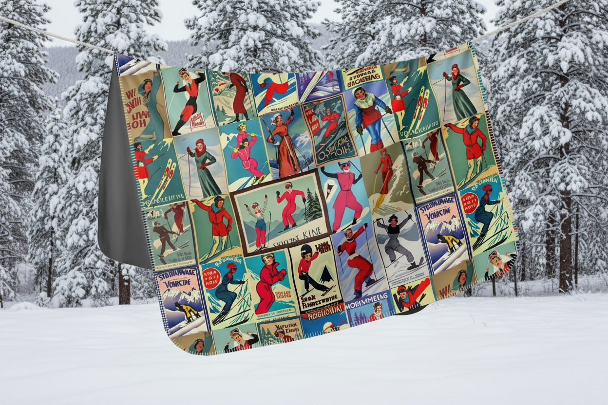 Blanket Vintage ladies Ski art red made in Montreeal with soft pill resistant thick minky fabric
