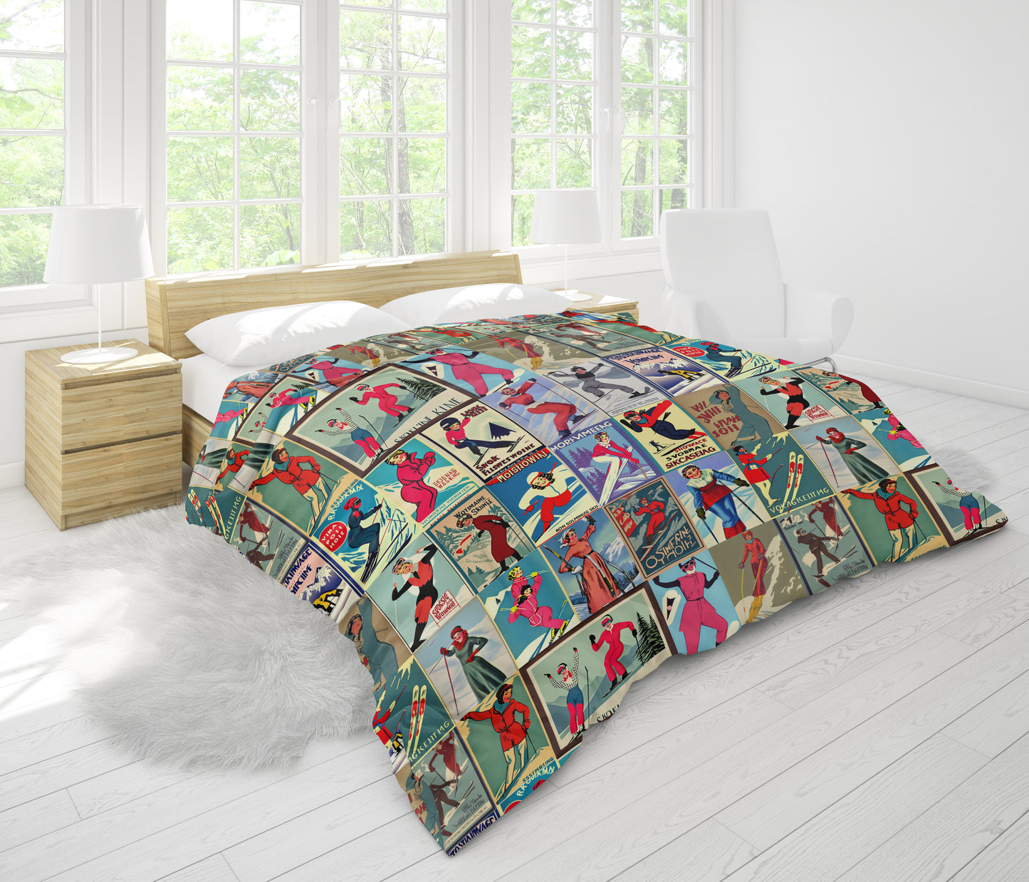 Duvet Cover in Vintage Style women Ski in red Collage for the nicest sleep. Made of quality 100% cotton in Canada