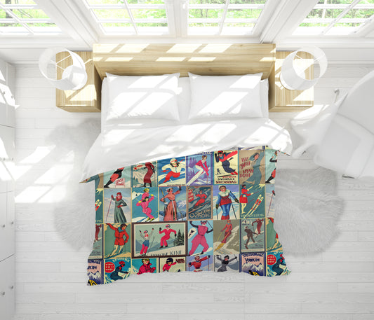 Duvet Cover in Vintage Style women Ski in red Collage for the nicest sleep. Made of quality 100% cotton in Canada