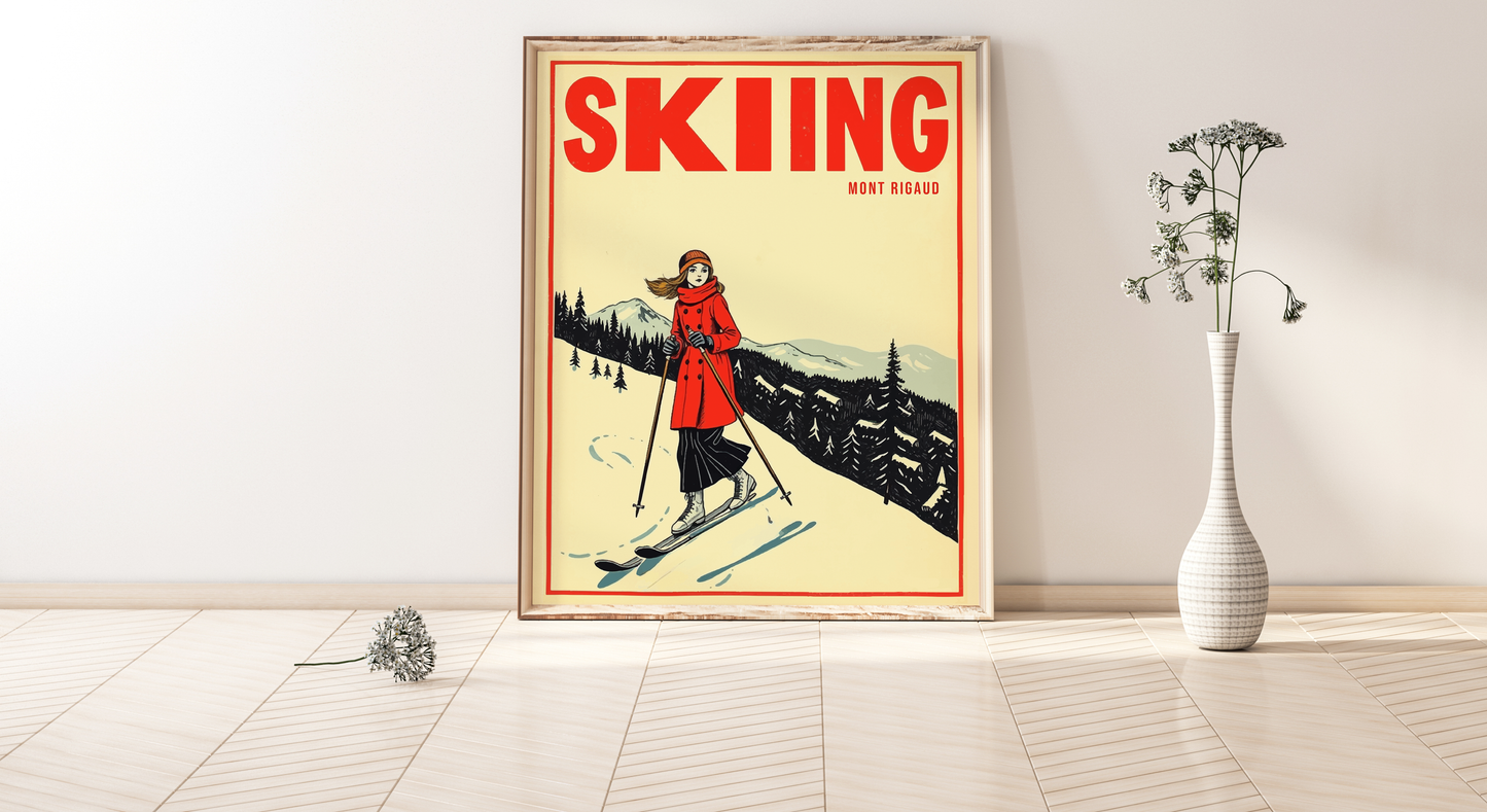 Affiche de ski Mont Rigaud pour votre maison réalisée avec nos graphismes de style vintage Ski art