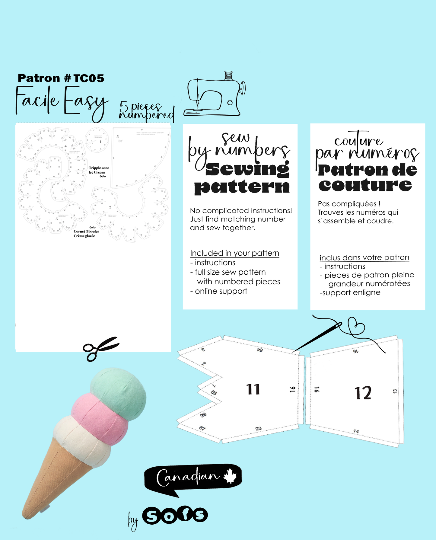 Sewing Patterns Tripple Ice Cream Cone – Sew by Numbers Plush Pattern - Made in Canada