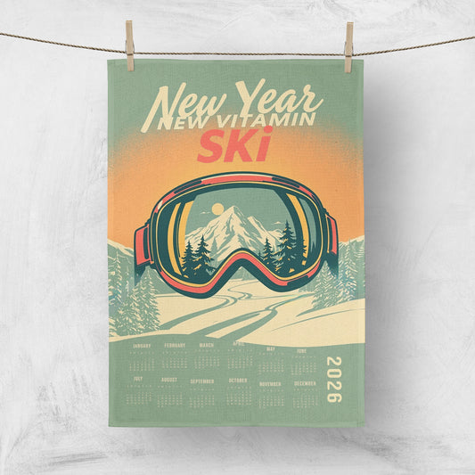 2026 Calendar with ski goggles design Ski on a mountain background.