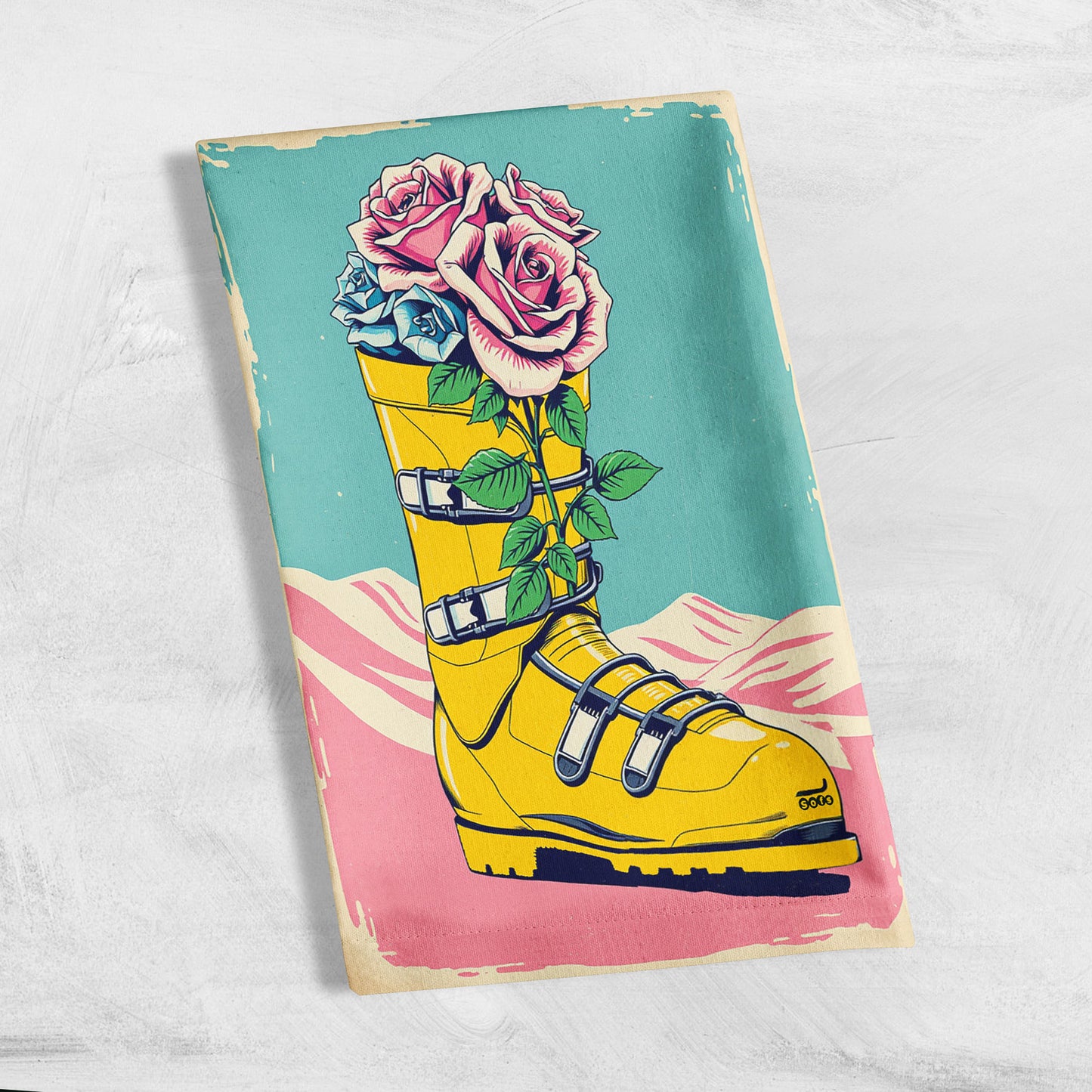 Torchons de cuisine de taille moyenne (30 x 40 cm) à motif floral de bottes de ski jaunes, en coton et lin.