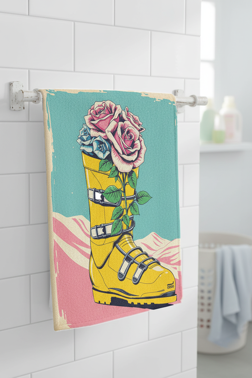 Torchons de cuisine de taille moyenne (30 x 40 cm) à motif floral de bottes de ski jaunes, en coton et lin.